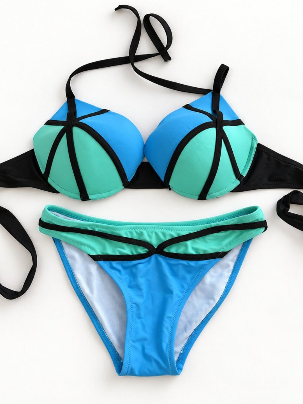Aqua Blue Black Underwire High-Waist Bikini Set